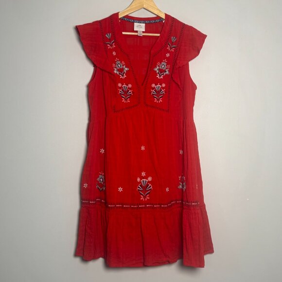 Knox Rose Red Embroidered Midi Empire Cotton Summer Dress Sz Large - Picture 3 of 12